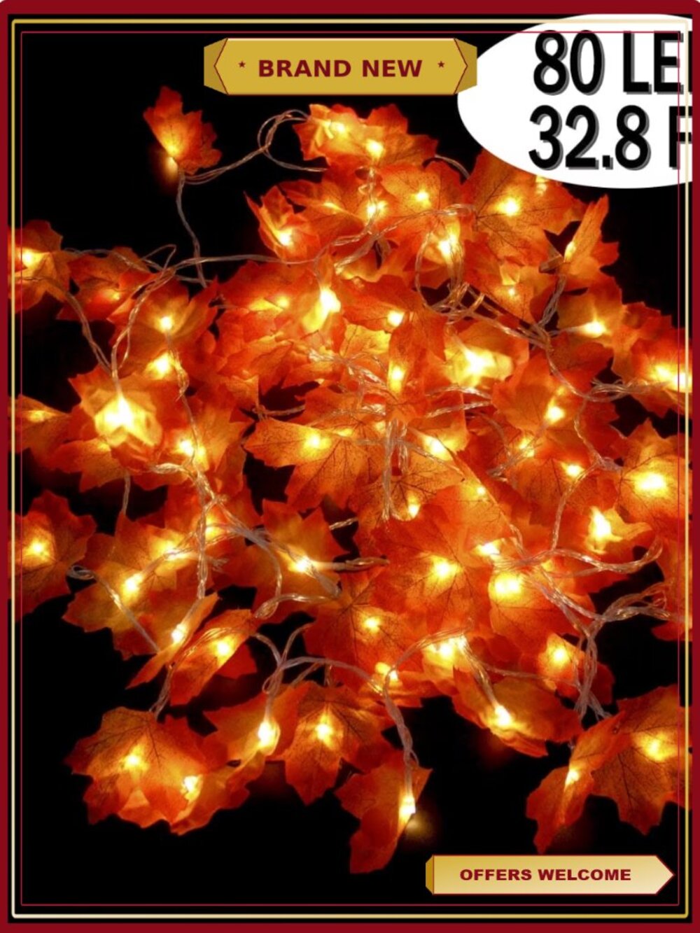 Maple Leaf String Lights Fall Thanksgiving Decor Indoor Outdoor 32.8 Ft